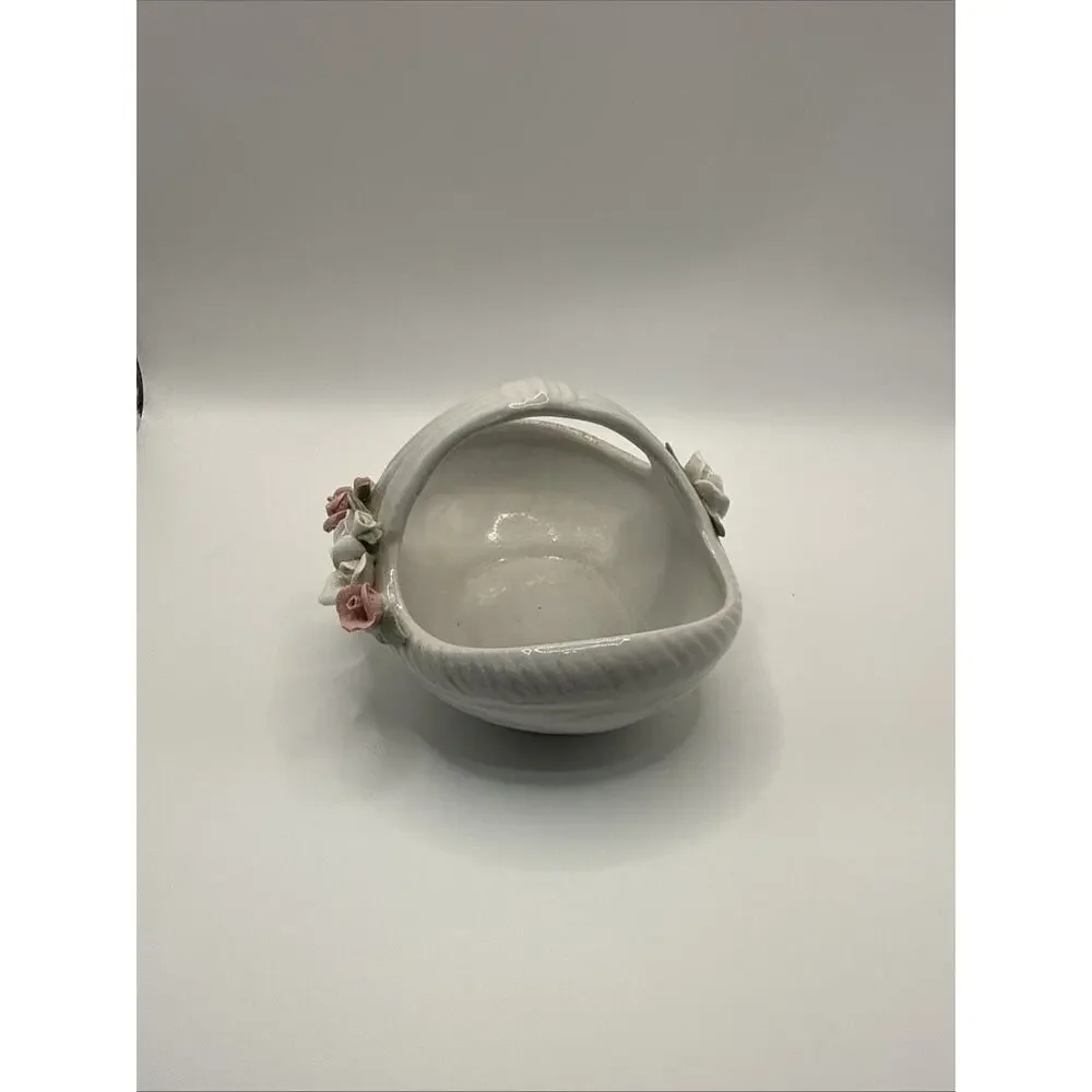 White Porcelain Basket with Pink & White Roses 5”